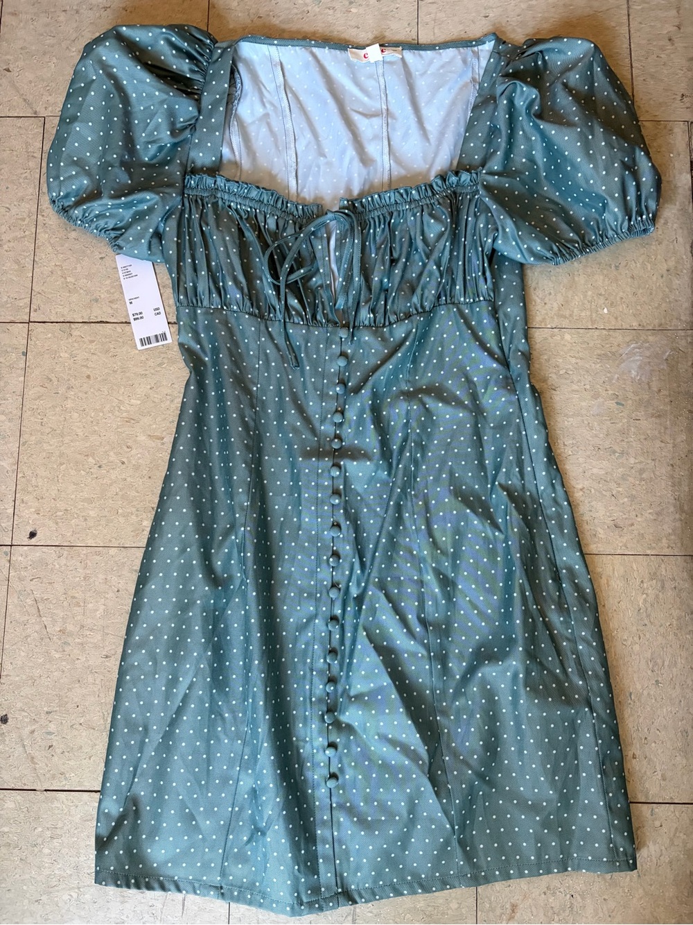 Women’s M Eggie Brand Green Polka Dot Puff-Sleeve Mini Dress with Button Front